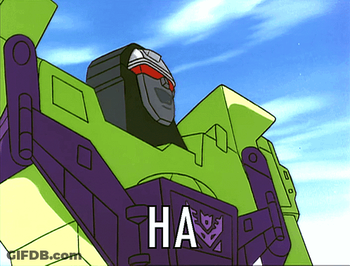 A Green And Purple Robot With The Word " Ha " On Its Chest GIF