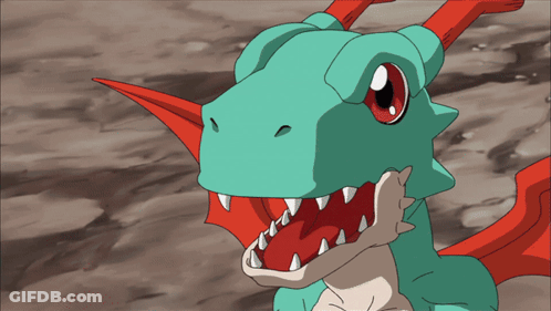 A Green And Red Cartoon Dragon With Its Mouth Open And Sharp Teeth GIF