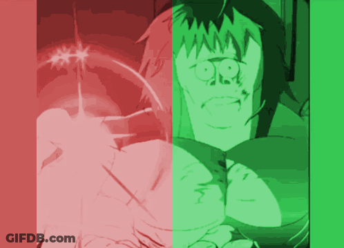 A Green And Red Image Of A Cartoon Character With A Skull On His Face GIF