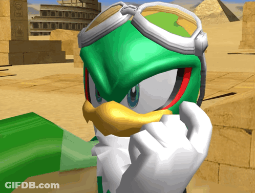 A Green And White Cartoon Character Wearing Goggles And Gloves GIF