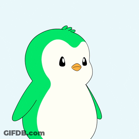 A Green And White Cartoon Penguin With A Red Nose GIF