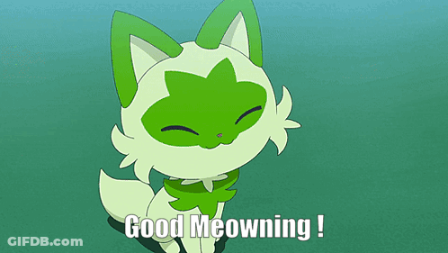 A Green And White Cat With The Words Good Meowning Written Below It GIF
