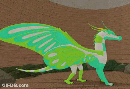 A Green And White Dragon With Wings Is Standing In Front Of A Brick Wall GIF