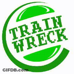 A Green And White Logo That Says Train Wreck On It GIF
