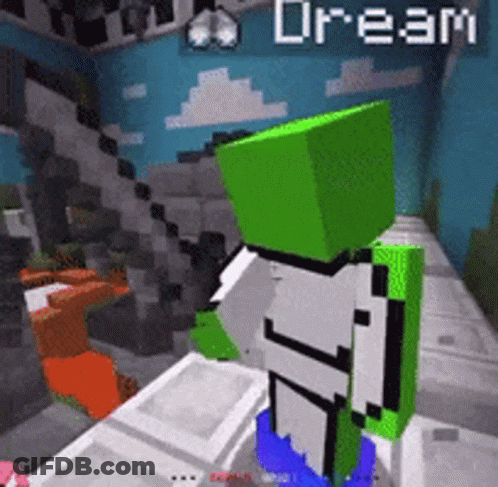 A Green And White Minecraft Character Is Standing In A Room With The Word Dream On The Screen GIF