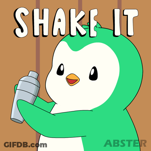 A Green And White Penguin Holding A Shaker With The Words Shake It Above It GIF