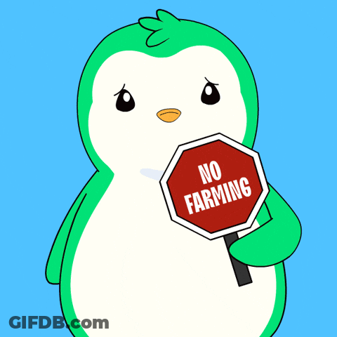 A Green And White Penguin Holding A Sign That Says No Farming GIF