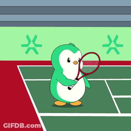A Green And White Penguin Holding A Tennis Racquet On A Tennis Court GIF