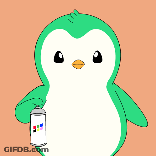 A Green And White Penguin Is Holding A Spray Can With Colored Squares On It GIF