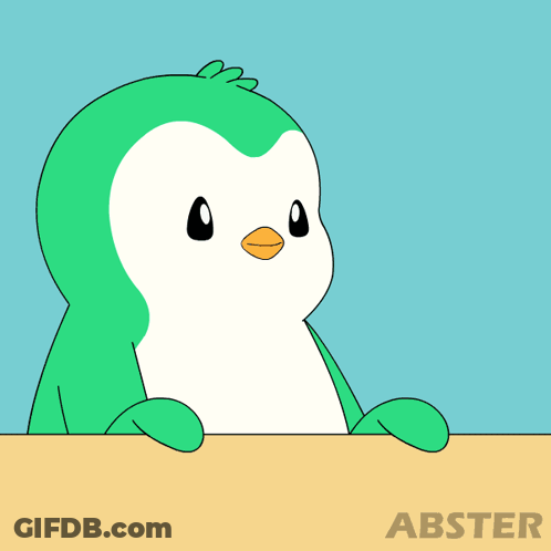 A Green And White Penguin Is Peeking Over A Sign That Says Abster On It GIF