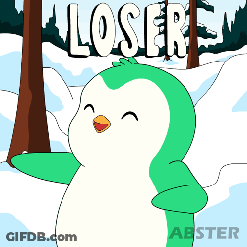 A Green And White Penguin Is Standing In The Snow With Abster Written On The Bottom Right GIF