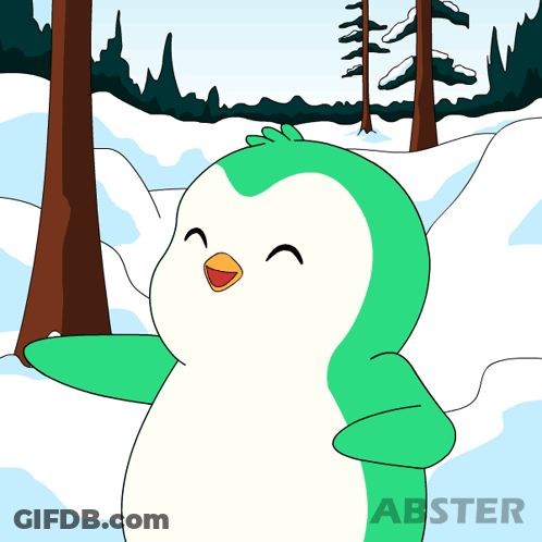 A Green And White Penguin Is Standing In The Snow With Abster Written On The Bottom Right GIF