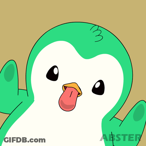 A Green And White Penguin Sticking Its Tongue Out With The Abster Logo Behind It GIF