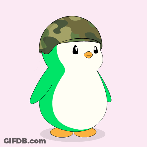 A Green And White Penguin Wearing A Camouflage Hat GIF