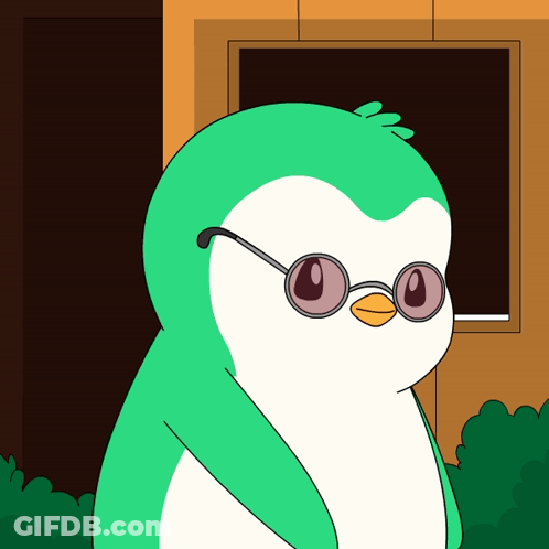 A Green And White Penguin Wearing Glasses Looks Out A Window GIF