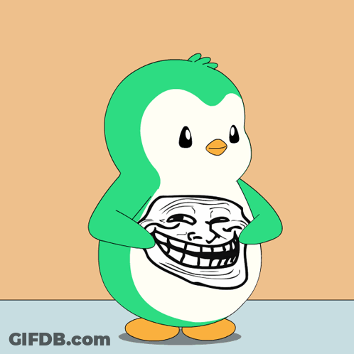 A Green And White Penguin With A Troll Face On It GIF