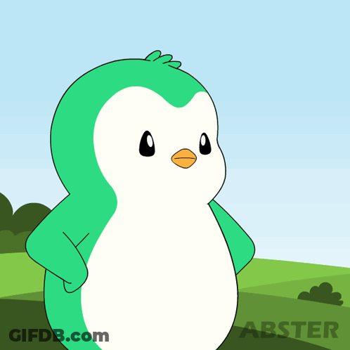 A Green And White Penguin With An Orange Beak Is Standing In A Field With The Word Abster On The Bottom Right GIF