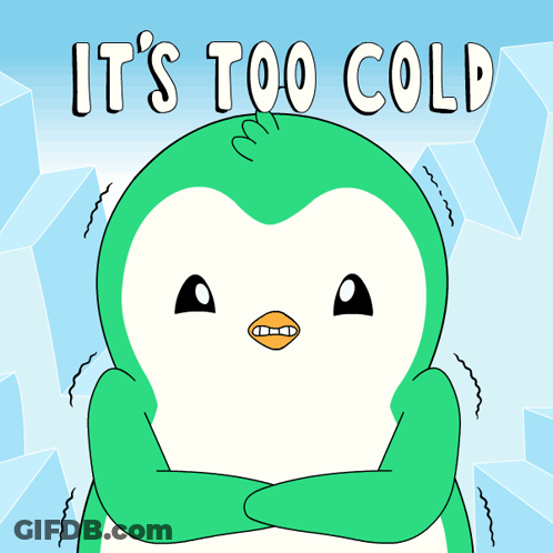 A Green And White Penguin With Its Arms Crossed And The Words It 'S Too Cold Above It GIF