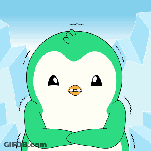 A Green And White Penguin With Its Arms Crossed Is Standing In Front Of Ice Cubes GIF