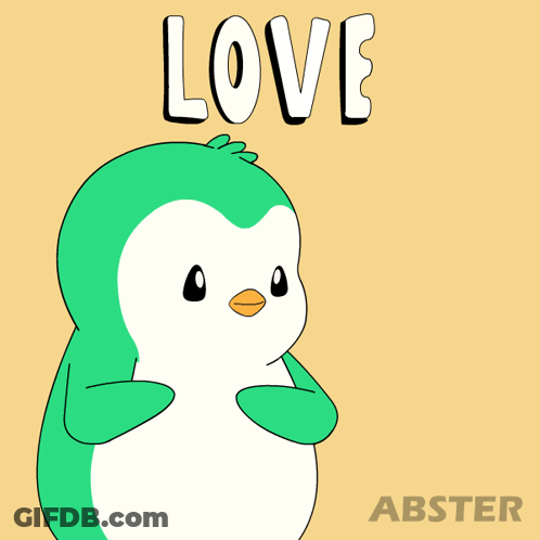 A Green And White Penguin With The Word Love Written On Its Head GIF