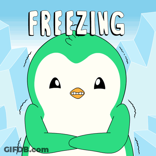 A Green And White Penguin With The Words Freezing Written Above It GIF