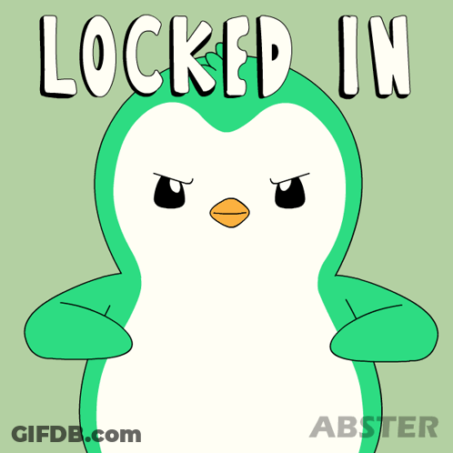 A Green And White Penguin With The Words " Locked In " Written Above It GIF