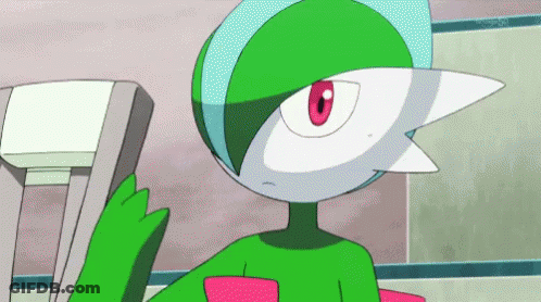 A Green And White Pokemon With Red Eyes Is Standing Next To A Chair And Looking At The Camera . GIF