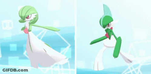 A Green And White Pokemon With Red Eyes Is Standing On A Blue Background GIF