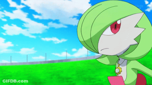 A Green And White Pokemon With Red Eyes Is Standing On A Grassy Field GIF
