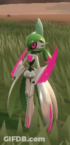 A Green And White Robot With Pink Wings Is Standing In A Field Of Grass . GIF