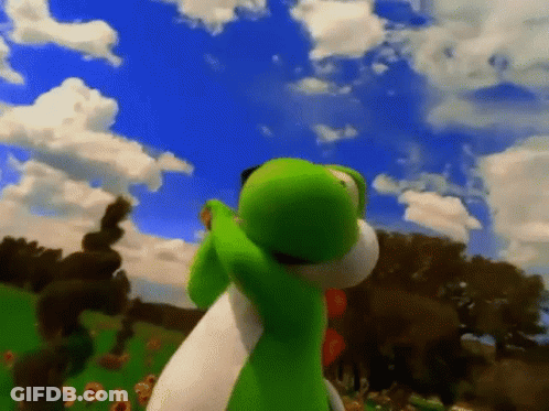 A Green And White Yoshi Is Standing In A Field Of Sunflowers With A Blue Sky In The Background . GIF