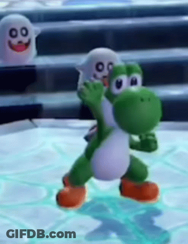 A Green And White Yoshi Toy Is Standing On A Ice Surface . GIF