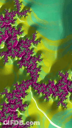A Green And Yellow Background With Purple Flowers GIF