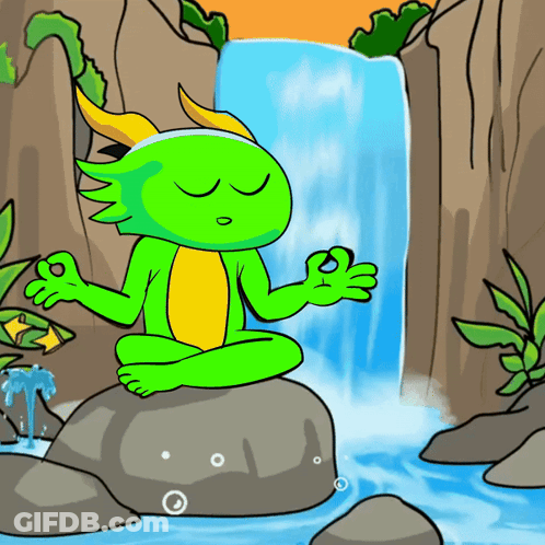 A Green And Yellow Cartoon Character Sits On A Rock Near A Waterfall GIF