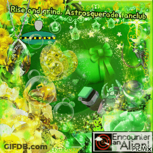 A Green And Yellow Collage With The Words Rise And Grind Written On It GIF