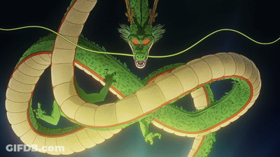 A Green And Yellow Dragon With Red Eyes And A Long Neck GIF