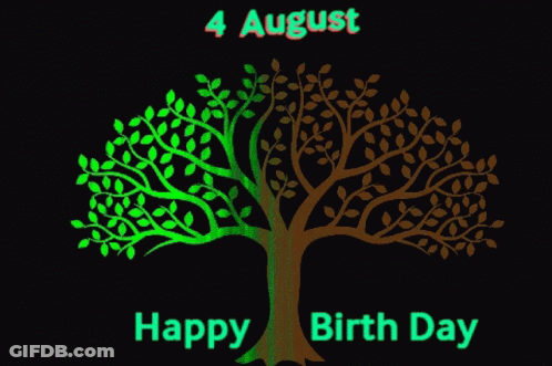 A Green And Yellow Tree On A Black Background With The Words " Happy Birth Day " GIF