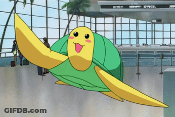 A Green And Yellow Turtle Is Flying Through An Airport Terminal GIF