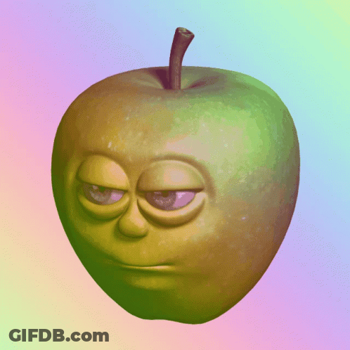 A Green Apple With A Cartoon Face On A Colorful Background GIF