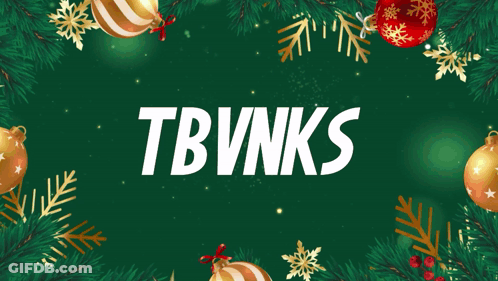 A Green Background With Christmas Decorations And The Word Tbvn GIF