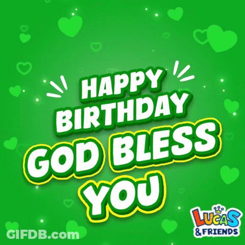A Green Background With Hearts And The Words Happy Birthday God Bless You GIF