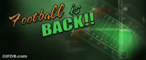 A Green Background With The Words Football Is Back GIF