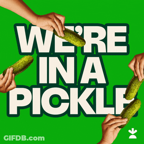 A Green Background With The Words We 'Re In A Pickle GIF