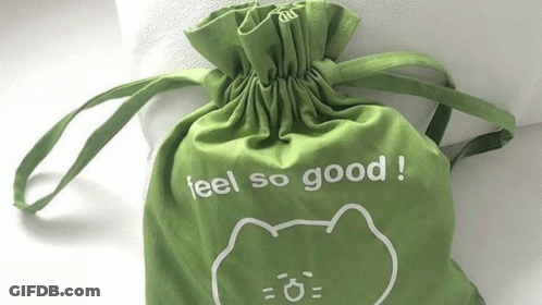 A Green Bag That Says Feel So Good With A Cat On It GIF