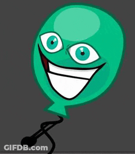 A Green Balloon With Big Eyes And A Smile On Its Face Is Hanging From A String . GIF