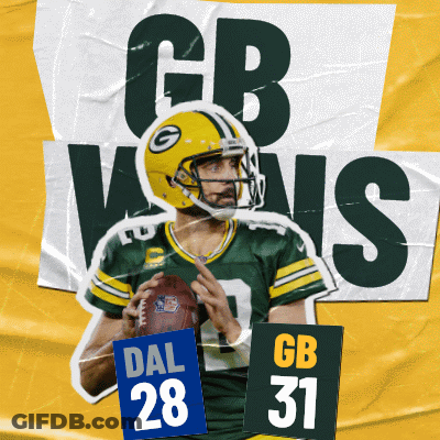 A Green Bay Packers Player Is Holding A Football And A Sign That Says Dal 28 Gb 31 GIF