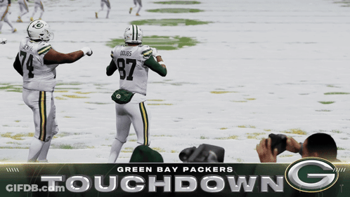 A Green Bay Packers Touchdown Poster With Two Players GIF