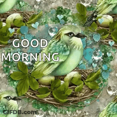 A Green Bird Is Sitting In A Nest Surrounded By Green Leaves And Hearts . GIF