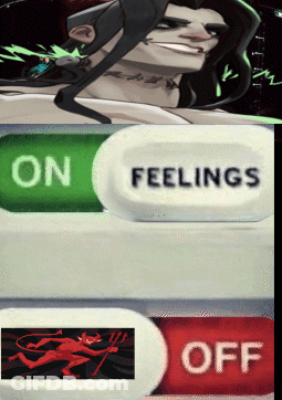 A Green Button That Says On And A White Button That Says Feelings And A Red Button That Says Off GIF