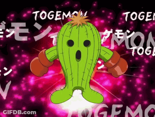A Green Cactus With Boxing Gloves And The Word Togemon GIF